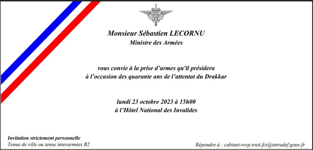 Invitation du Ministère des Armées pour la commémoration du 40è anniversaire de l'attentat du Drakkar